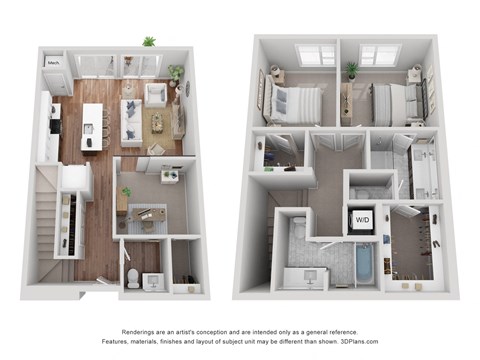 The C2 is 2 Bed, 2.5 Bath at 1,470 Sq. Ft.
From the entry door on the main level, to the left is the kitchen, followed by the living and dining area with a patio. Upstairs, from the top of the stairs, to the left is a hallway leading to the first bedroom and bathroom. To the right is the second bedroom with an ensuite bath, closet, and nearby laundry area.